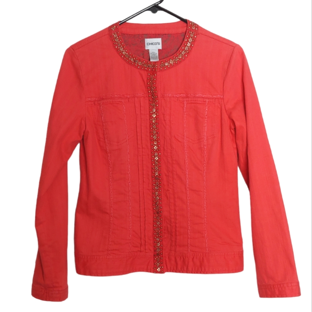 Chico's Women's Red Orange Denim Style Snap Button Embelleshed Jacket Size 4